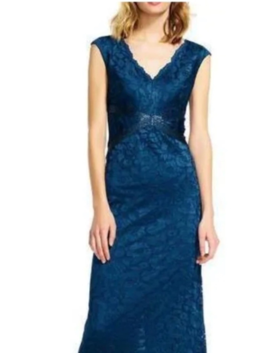 Adrianna Papell Teal Lace Maxi Dress with Beaded Waist Sz 6
